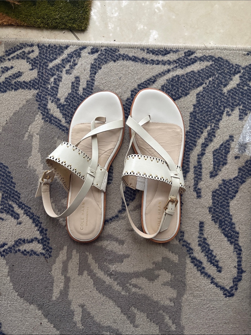 Cole Haan Ivory Leather Slingback Sandals with Decorative Trim